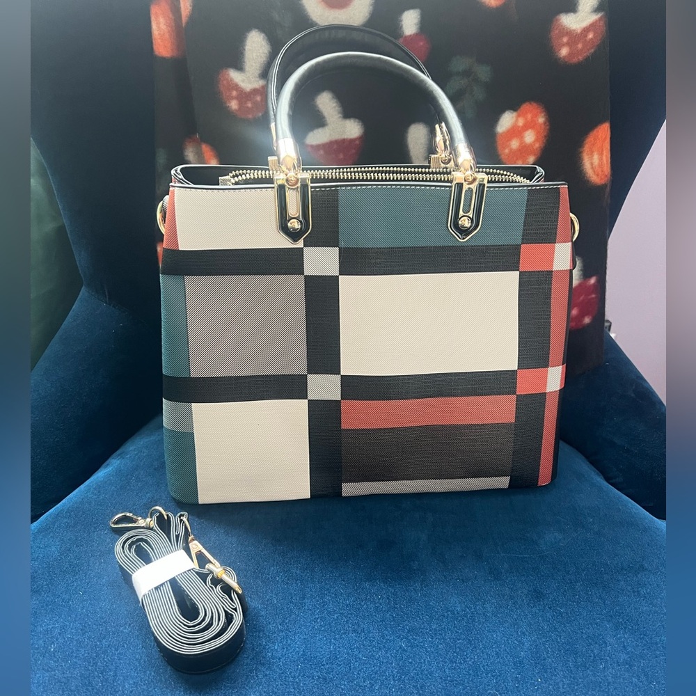 Plaid Pattern Structured Tote Bag in Cream, Black and Orange